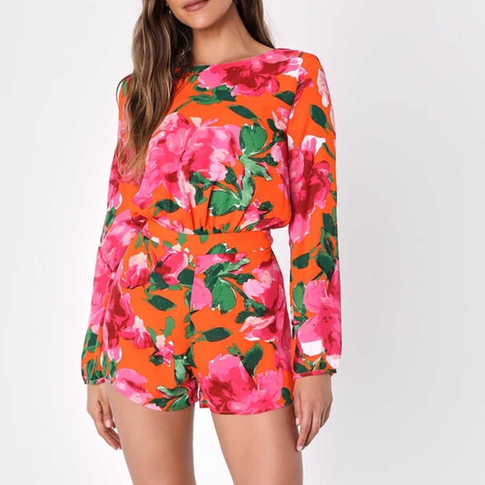 Lulu's Sweetest Song Orange Floral Romper Low V Back Long Sleeve Size S - Picture 6 of 15